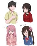  1boy 3girls black_hair blue_jacket bocchi_the_rock! bow bowtie breasts brown_eyes brown_hair english_text flower gotoh_hitori hair_flower hair_ornament highres hitori_bocchi hitoribocchi_no_marumaru_seikatsu hood hoodie jacket kurokimoko multiple_girls nakahara_misaki nhk_ni_youkoso! pink_flower pink_hair pink_jacket red_bow red_bowtie red_hoodie satou_tatsuhiro school_uniform shirt short_hair track_jacket trait_connection white_shirt yellow_shirt 