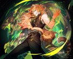  1boy animal animal_ear_piercing animal_ears black_pants black_shirt dated eyelashes eyeliner glowing glowing_eyes glowing_mouth green_bracelet grin highres indie_virtual_youtuber jewelry long_hair makeup male_focus necklace orange_hair pants shin_(sinsin12121) shirt signature sleeveless sleeveless_shirt slit_pupils smile solo tail tiger tiger_boy tiger_ears tiger_tail toned toned_male tooth_necklace tora_karu yellow_eyes 