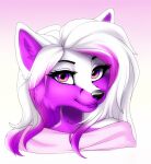  2020 anthro bust_portrait canid canine clothed clothing digital_media_(artwork) eyebrows eyelashes female fur gradient_background gradient_eyes hair kori_skylight layala long_hair looking_at_viewer mammal multicolored_hair pink_background pink_clothing pink_topwear portrait purple_body purple_fur purple_hair shaded simple_background solo topwear two_tone_hair white_background white_body white_fur white_hair 
