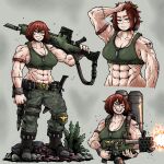  1girl abs astra_militarum camouflage catachan_jungle_fighter dog_tags ekfh4rnrqkq flamethrower_(pokemon) highres knife lasgun looking_at_viewer muscular muscular_female orange_eyes pants red_hair skull smile solo sweat tank_top tattoo teeth warhammer_40k 