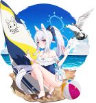 1girl absurdres animal_ears ball beach beachball bird blue_archive blue_one-piece_swimsuit blue_sky blunt_bangs bow cellphone cloud cloudy_sky commentary_request cyken_(cyken0718) fake_animal_ears faux_figurine frilled_one-piece_swimsuit frills full_body hair_between_eyes hair_bow hair_ribbon halo highres holding holding_phone horizon long_hair looking_at_viewer miyako_(blue_archive) miyako_(swimsuit)_(blue_archive) ocean official_alternate_costume official_alternate_hairstyle one-piece_swimsuit outdoors parted_lips phone ponytail rabbit_ears ribbon sandals seagull sidelocks sky sleeveless smartphone spaghetti_strap squatting surfboard swimsuit transparent_background 