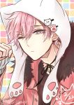 1boy animal_ear_headwear black_fur black_ribbon cat_day clenched_hand commentary_request dated dear_vocalist fur_trim grey_eyes hand_up long_sleeves looking_at_viewer male_focus mimura_(men0725) one_eye_closed paw_print pink_hair re-o-do ribbon short_hair solo twitter_username upper_body 