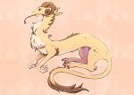  ambiguous_gender back_tuft brown_horn chest_tuft curled_horn dragon feral full-length_portrait fur furred_dragon head_tuft horn lionfloof long_tongue neck_tuft portrait red_eyes side_view simple_background smile solo spotted_legs tail tail_tuft tan_body tan_fur tongue tongue_out tuft yellow_body yellow_fur 