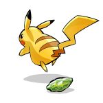  animal_focus black_eyes commentary_request evolutionary_stone ffccll full_body gem green_gemstone highres jumping no_humans pikachu pokemon pokemon_(creature) solo thunder_stone white_background 