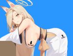  1girl animal_ears arrow_(symbol) bare_shoulders blonde_hair blue_archive blue_background blush breasts detached_sleeves english_text extra_ears fox_ears hair_over_one_eye hairband halo japanese_clothes kaho_(blue_archive) kimono kion-kun large_breasts long_hair looking_at_viewer mole mole_under_mouth nail_polish orange_halo pink_nails sideboob signature solo thick_eyebrows twitter_username white_kimono wide_sleeves yellow_eyes 