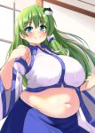  1girl alternate_body_size blue_eyes blue_skirt blush breasts clenched_hands closed_mouth commentary_request cowboy_shot detached_sleeves fat frog_hair_ornament green_hair hair_between_eyes hair_ornament huge_breasts kochiya_sanae long_hair looking_at_viewer navel nerizou skirt sleeveless solo split_mouth touhou white_background wide_sleeves wing_collar 