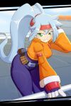  1girl absurdres adjusting_hair ashe_(mega_man) blush bodysuit breasts gloves green_eyes hair_between_eyes headband high_ponytail highres large_breasts leaning_forward long_hair looking_at_viewer luckerabbit9 mega_man_(series) mega_man_zx mega_man_zx_advent outdoors ponytail sky smile solo very_long_hair 