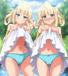  2girls absurdres armlet ass_visible_through_thighs bare_shoulders blonde_hair blue_eyes blue_panties blue_sky blurry blurry_background blush bow bow_panties clothes_lift cloud cloudy_sky commentary_request commission cowboy_shot crotch_seam day dress dress_lift flower frown green_eyes grin hair_flower hair_ornament half-closed_eyes highres lifted_by_self light_particles looking_at_viewer luna_(beast_tamer) multiple_girls navel off-shoulder_dress off_shoulder outdoors panties partial_commentary pixiv_commission short_hair short_sleeves siblings side-by-side sisters sky smile sora_(beast_tamer) standing sweatdrop underwear white_dress yuusha_party_wo_tsuihou_sareta_beast_tamer_saikyoushu_no_nekomimi_shoujo_to_deau zanntetu 