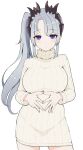  1girl blush breasts closed_mouth commentary_request grey_hair highres honey_strap horns large_breasts long_hair looking_at_viewer mole mole_under_eye nanashi_inc. parted_bangs purple_eyes ribbed_sweater side_ponytail simple_background solo sougetsu_eli sweater temari_rin turtleneck turtleneck_sweater very_long_hair virtual_youtuber white_background white_sweater 
