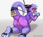  alibi-cami ankle_cuffs anthro anus bdsm blush bodily_fluids bondage bound breasts collar cuff_(restraint) female genital_fluids kobold looking_at_viewer looking_back price_tag pussy_juice raised_tail restraints rope rope_bondage sign solo tail 