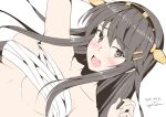  1girl artist_name black_hair blush breasts brown_eyes collarbone dated hair_ornament hairband hairclip haruna_(kancolle) kantai_collection large_breasts long_hair looking_at_viewer open_mouth sarashi solo taira_yuuki upper_body 