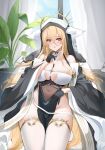  1girl azur_lane bare_shoulders between_breasts black_gloves blonde_hair breast_cutout breasts covered_navel fake_horns gloves habit hair_between_eyes half_gloves highres horns implacable_(azur_lane) indoors large_breasts long_hair looking_at_viewer nun pelvic_curtain plant potted_plant qing_wu red_eyes revealing_clothes sitting solo thighhighs very_long_hair white_horns white_thighhighs 