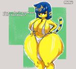  animal_crossing ankha_(animal_crossing) anthro big_breasts bikini bikini_top black_eyes blue_hair bottomwear breasts clothing domestic_cat ellipsis english_text felid feline felis female gothicc hair huge_breasts huge_hips huge_thighs jewelry loincloth mammal markings necklace nintendo question_mark solo striped_markings striped_tail stripes swimwear tail tail_markings text thick_thighs wide_hips yellow_body 