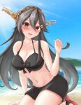  1girl :d bare_shoulders bikini black_bikini black_hair blush breasts brown_eyes cardigan cleavage collarbone hair_between_eyes hair_ornament hairclip haruna_(kancolle) headgear highres hood ichimai_(apieceof_ray151) kantai_collection large_breasts long_hair navel official_alternate_costume open_cardigan open_clothes sandals sitting smile solo swimsuit 