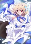  1girl absurdres antenna_hair archetype_earth arcueid_brunestud bare_shoulders black_pantyhose blonde_hair blue_flower breasts cleavage closed_mouth commentary_request detached_sleeves dress fate/grand_order fate_(series) flower hair_flower hair_ornament highres looking_at_viewer medium_breasts pantyhose petals red_eyes short_hair single_hair_intake smile solo toyosu tsukihime tsukihime_(remake) white_dress 