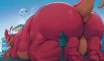  2022 all_fours anthro backsack balls barefoot big_butt bouncing_butt building butt butt_jiggle digital_media_(artwork) dragon dragon_ball dragon_ball_gt english_text fat_rolls feet full-length_portrait genitals hi_res huge_butt jiggling looking_back macro male onomatopoeia outside overweight overweight_anthro overweight_male portrait presenting presenting_hindquarters rage_shenron rear_view red_body red_scales scales scalie shadow_dragon solo sound_effects steen tail text thick_thighs 