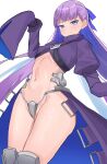  1girl absurdres amepa_(ame_pinecandy) blue_eyes blue_ribbon closed_mouth colored_inner_hair crotch_plate fate/extra fate/extra_ccc fate_(series) flat_chest hair_ribbon highres long_hair long_sleeves looking_at_viewer meltryllis_(fate) multicolored_hair navel puffy_long_sleeves puffy_sleeves purple_hair ribbon simple_background sleeves_past_fingers sleeves_past_wrists solo standing stomach two-tone_hair white_background 