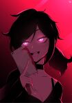  absurdres ashley_graves black_choker black_hair blood blood_on_weapon blush bra_strap choker evil_smile glowing glowing_eyes gradient_background highres holding holding_knife knife messy_hair pendreon pink_eyes ponytail smile the_coffin_of_andy_and_leyley weapon 