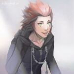  1boy axel_(kingdom_hearts) black_coat_(kingdom_hearts) black_gloves drawstring driftwoodwolf facial_mark gloves green_eyes grey_background hood hoodie kingdom_hearts male_focus open_mouth red_hair simple_background solo teeth upper_body upper_teeth_only 