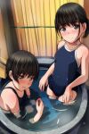  2girls absurdres bare_arms bathing black_eyes black_hair black_one-piece_swimsuit blush closed_mouth highres looking_at_viewer matsunaga_kouyou multiple_girls one-piece_swimsuit open_mouth original short_hair smile standing steam swimsuit wet wooden_wall 