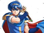  1boy armor betabetamaru blue_cape blue_eyes blue_hair cape cape_hold commentary_request fingerless_gloves fire_emblem fire_emblem:_mystery_of_the_emblem gloves highres holding holding_clothes holding_sword holding_weapon male_focus marth_(fire_emblem) serious shoulder_armor solo sword tiara toned toned_male two-sided_cape two-sided_fabric upper_body v-shaped_eyebrows weapon 