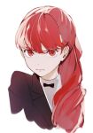  1girl angry black_bow black_bowtie bow bowtie formal highres jacket long_hair looking_at_viewer persona persona_5 ponytail red_eyes red_hair sabakawa shirt simple_background solo suit white_background white_shirt yoshizawa_kasumi 