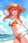  1girl alternate_costume beach bikini blue_sky braid breasts cloud cloudy_sky d_rinrin00 earrings feather_earrings feathers frilled_bikini frills front-tie_bikini_top front-tie_top green_hair hat highres hololive hololive_english jewelry kotori_(takanashi_kiara) long_hair looking_at_viewer multicolored_hair navel open_mouth orange_hair outdoors purple_eyes sky solo straw_hat streaked_hair swimsuit takanashi_kiara twin_braids virtual_youtuber water 