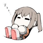  1girl brown_hair chibi closed_eyes full_body kantai_collection medium_hair no_mouth school_uniform sendai_(kancolle) serafuku shoes sleeping spoken_zzz task_(s_task80) twintails uniform white_background zzz 