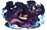  :d absurdres black_eyes commentary_request evolutionary_line fangs gastly gengar haunter highres looking_at_viewer no_humans open_mouth pokemon pokemon_(creature) poyo_party smile tongue tongue_out 