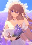  1girl absurdres alternate_costume aoi_tooru arknights belt blue_eyes bouquet brown_hair closed_mouth cloud collarbone cowboy_shot dress field flower flower_field hand_in_own_hair highres holding holding_bouquet indigo_(arknights) jewelry lavender_(flower) long_hair looking_at_viewer necklace off-shoulder_dress off_shoulder pout solo very_long_hair white_dress 