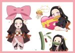  1boy 1girl absurdres agatsuma_zenitsu bamboo black_hair blonde_hair bow box bread chibi fangs food green_necktie hair_ribbon heart-shaped_box highres japanese_clothes kamado_nezuko kimetsu_gakuen kimetsu_no_yaiba kimono long_hair long_sleeves mouth_hold multicolored_hair necktie open_mouth orange_hair pink_bow pink_eyes pink_kimono pink_ribbon pori_(kmt_pori) ribbon school_uniform shirt shoes short_hair socks teeth white_shirt white_socks 