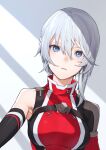  1girl adelaide_bluthausen alice_gear_aegis blue_eyes bodysuit breasts elbow_gloves expressionless gloves hair_between_eyes head_tilt highres keith8387 looking_at_viewer medium_breasts parted_lips red_bodysuit short_hair single_glove solo upper_body white_hair 