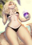  absurd_res anthro beverage bikini blonde_hair borzoi breasts bubble_tea canid canine canis clothed clothing container cup domestic_dog female fluffy fluffy_tail front_view fur hair hi_res hunting_dog kyotoleopard looking_at_viewer mammal nonoka_(nonoka917) outside sighthound skimpy smile solo swimwear tail tan_body tan_fur 