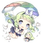  2girls :d bare_legs bird blue_eyes blue_hairband blue_sailor_collar blue_skirt blunt_bangs blush blush_stickers bow bow_hairband brown_dress brown_footwear chest_harness chibi dress fairy_(girls&#039;_frontline) falling feathers floating_hair full_body girls&#039;_frontline green_hair hair_bow hairband harness holding long_hair looking_at_viewer multiple_girls neck_ribbon official_art open_mouth parachute parachute_fairy_(girls&#039;_frontline) pink_ribbon ribbon sailor_collar saru shirt simple_background skirt sleeveless sleeveless_shirt slit_pupils smile third-party_source transparent_background white_bird white_bow white_feathers white_shirt |_| 