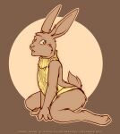  anthro blush bottomless brown_body brown_fur butt clothed clothing digital_media_(artwork) english_text fur hare hi_res lagomorph leporid lirkov male mammal meme meme_clothing no_underwear open_mouth simple_background solo sweater text topwear virgin_killer_sweater 