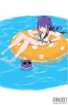  1girl absurdres breasts food highres hololive hololive_english hololive_summer_2023_swimsuit long_hair looking_at_viewer mole mole_under_eye ninomae_ina&#039;nis non-web_source pool popsicle purple_eyes purple_hair self-upload small_breasts solo summer swimsuit takodachi_(ninomae_ina&#039;nis) tentacle_hair tongue tongue_out water 
