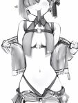  1girl absurdres asymmetrical_bangs bare_shoulders blunt_bangs breasts chain cowboy_shot earrings facing_viewer greyscale head_out_of_frame heart highleg highleg_panties highres himemori_luna himemori_luna_(5th_costume) hololive jacket jewelry monochrome mouth_hold nanashi_(nlo) navel official_alternate_costume open_clothes open_shorts panties short_hair short_shorts shorts simple_background single_earring small_breasts smile solo stomach underwear virtual_youtuber zipper zipper_pull_tab 