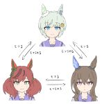  3girls admire_vega_(umamusume) animal_ears black_hair blush chart collarbone commentary_request grey_hair hair_between_eyes hair_ornament highres horse_ears horse_girl long_hair medium_hair multiple_girls nice_nature_(umamusume) portrait red_hair school_uniform seiun_sky_(umamusume) short_hair simple_background smile toushirou_(sugarwhite1046) tracen_school_uniform translation_request umamusume when_you_see_it white_background 