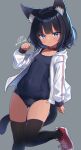  1girl :3 animal_ear_fluff animal_ears arm_up ass_visible_through_thighs black_hair black_thighhighs blue_eyes blue_one-piece_swimsuit breasts cat_ears cat_girl cat_tail collar covered_navel dark_skin grey_background highres jacket leg_up looking_at_viewer no_pants old_school_swimsuit one-piece_swimsuit original paw_pose red_footwear school_swimsuit sese_nagi shoes short_hair simple_background small_breasts smile solo standing swimsuit swimsuit_under_clothes tail thighhighs thighs white_jacket 