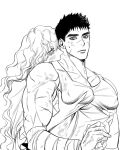  2boys bandaged_arm bandages bara berserk blush chlthd_990 closed_eyes closed_mouth grabbing grabbing_from_behind greyscale griffith_(berserk) guts_(berserk) large_pectorals long_hair male_focus monochrome multiple_boys muscular muscular_male pectoral_grab pectorals scar scar_on_arm scar_on_face scar_on_nose tank_top upper_body yaoi 