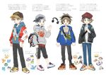  4boys :d alternate_costume black_pants brown_eyes brown_hair capri_pants chinese_commentary closed_mouth commentary_request ethan_(pokemon) grey_eyes grey_headwear grey_hoodie hand_up hat headphones hilbert_(pokemon) holding_strap hood hood_down hoodie huan_li long_sleeves looking_at_viewer male_focus multiple_boys nate_(pokemon) open_mouth pants pokemon pokemon_(game) pokemon_bw pokemon_bw2 pokemon_hgss pokemon_rgby red_(pokemon) red_headwear shoes short_hair smile sneakers standing tassel white_background zipper_pull_tab 