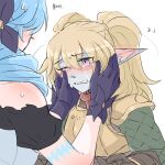  2girls armor black_dress black_gloves blonde_hair blush bow crying dress gloves green_hair grey_dress gwen_(league_of_legends) hair_between_eyes hair_bow hands_on_another&#039;s_cheeks hands_on_another&#039;s_face hands_up humanization league_of_legends long_hair multiple_girls one_eye_closed pink_eyes pointy_ears poppy_(league_of_legends) short_sleeves shoulder_plates sweat tears teeth translation_request twintails upper_body xayahsona_27 