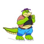  2023 3_toes 4_fingers alligator alligatorid anthro biped bottomwear brok_(character) brok_the_investigator clothing crocodilian feet fingers green_body hat headgear headwear hi_res male pants reptile scalie shirt simple_background slightly_chubby snugzthegator solo toes topwear white_background 