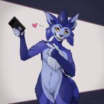  &lt;3 1:1 anthro breasts cellphone chest_tuft claws digital_media_(artwork) domestic_cat ear_piercing facial_piercing felid feline felis female fingers fur gesture grin grinning_at_viewer hair hi_res holding_object holding_phone indigo indigo_fur looking_at_viewer lykoi mammal markings navel nose_piercing nose_ring notched_ear nude orange_eyes phone piercing pointing purple_body purple_fur ring_piercing simple_background smartphone smile solo standing striped_markings striped_tail stripes superfrodo tail tail_markings teeth tuft 