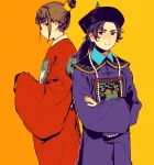  1boy 1girl beads belt black_hair chinese_clothes hanfu hat highres hime_cut long_hair manchu_clothes messy_hair nanimonothing original peacock_feathers qing_dynasty qing_guanmao 