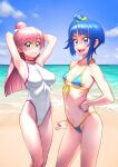  2girls armpits beach bikini blue_bikini blue_eyes blue_hair blue_sky bow breasts cloud commentary_request day green_eyes hair_bow highres hirogaru_sky!_precure long_hair looking_at_viewer medium_breasts micro_bikini minazuki_juuzou multiple_girls navel nijigaoka_mashiro ocean one-piece_swimsuit outdoors pink_hair precure short_hair sky small_breasts sora_harewataru standing swimsuit thighs yellow_bow 