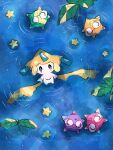  afloat animal_focus artist_name colored_skin commentary_request dot_mouth facial_mark from_above frown hanabusaoekaki highres jirachi leaf minior minior_(core) minior_(green_core) minior_(red_core) minior_(violet_core) minior_(yellow_core) no_humans pokemon pokemon_(creature) ripples smile solid_oval_eyes star_(symbol) tanzaku water white_skin 