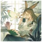  1boy 1girl animal_ears avatar_(ff14) book border brown_eyes brown_hair brushing_another&#039;s_hair brushing_hair commission crossed_legs cup eos_(ff14) fairy fairy_wings final_fantasy final_fantasy_xiv glasses hair_brush herayoshi highres holding holding_cup indoors long_hair mug open_book rabbit_ears semi-rimless_eyewear sitting skeb_commission viera white_border wings 