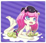  1girl ass barefoot bikini blue_bikini blue_eyes breasts clownfish drooling feet fish gradient_hair green_hair harmony&#039;s_clownfish_(splatoon) harmony_(splatoon) legs_up long_hair lying multicolored_hair on_stomach open_mouth pink_hair small_breasts smile soles solo splatoon_(series) striped striped_bikini swimsuit tentacle_hair tentacles the_pose thighs toes two-tone_hair vylizary 