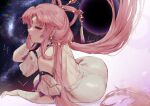  1girl ass back closed_mouth constellation detached_sleeves earrings forehead_jewel fu_xuan_(honkai:_star_rail) hair_ornament honkai:_star_rail honkai_(series) jewelry long_hair looking_at_viewer lost-phews pantyhose pink_hair purple_eyes solo star_(sky) tassel tassel_earrings twintails very_long_hair white_pantyhose 